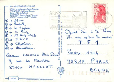 Sens, Tonnerre, Avallon, Auxerre, Joigny — Lembrança da Yonne — Edições Francesas — Verso