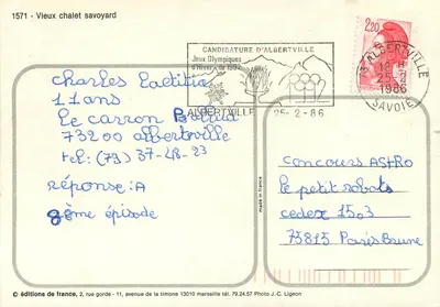 Velho chalé savoês — Albertville 1986 — edições de France n°1571 — Verso