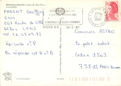 Porta di Versailles — Giardini di Digne-les-Bains — Editore: Digne R.P. (verso) — Verso
