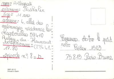 Jovem motociclista com moto vermelha — ilustração de Rosa Dola — editor Abeille Cartes, série REF. 6111/1 — Verso
