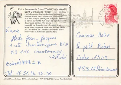 Castelo das Rochas Baritaud — Arredores de Chantonnay (Vendée-85) — ARTAUD Frères, n°231 — Verso