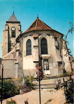 Igreja de São André de Chelles — vista do edifício com torre sineira e cemitério — Imprimeur Combier, n° 77.108