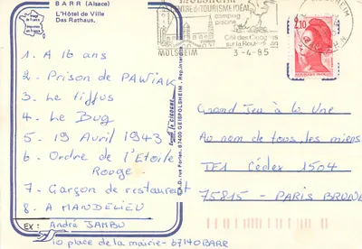 Barr (Alsacja) — Hotel Miasta i fontanna z figurą — wydawca S.A.D. ulica Forlen — Rewers