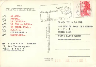 Champs-Élysées — Arc de Triomphe w tle — Wydawnictwo GUY — Rewers