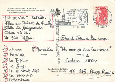 Ptaki z Côte d'Or — zimowy zgromadzony zbiór dorosłych i młodych gawronów srebrnych — Wydawnictwo Pierre Artaud & Cie — Rewers