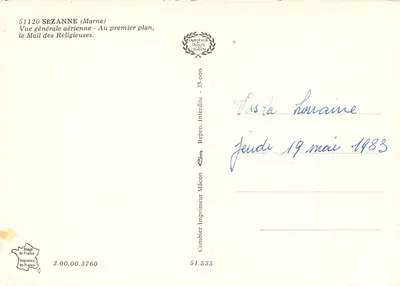 Sezanne (Marne) — Vista geral aérea, no primeiro plano o Mail des Religieuses — Combier Imprimeur Mâcon — Verso