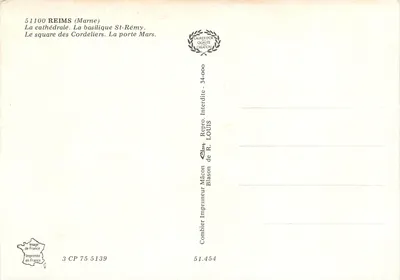 Reims — Catedral, Basílica São Rémy, Praça dos Cordeliers, Porta Mars — Repro de R. Louis — Verso