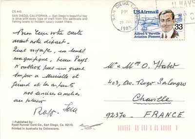 San Diego Waterfront — Published by Road Runner Card Co., San Diego, Ca. 92110 — Verso
