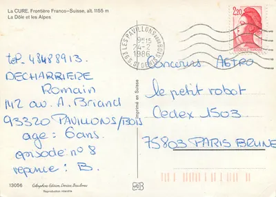 La Cure. Fronteira Franco-Suíça, alt. 1155 m — La Dôle e as Alpes — Colorphoto Edição Deriaz Baulmes, n° 13056 — Verso