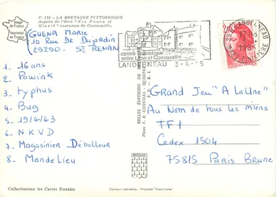 Modern kartpostal Bretagne Pittoresque Folklore Aupres de l'atre Kiz Fouen ve Glazik Cornouaille Kostümleri — Arka yüz