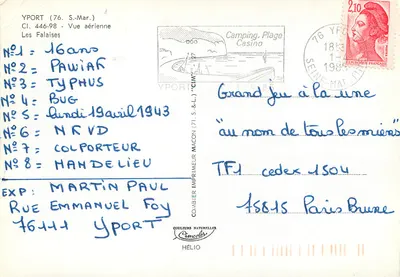 Bilhete postal moderno Yport (S Mar) Vista aérea As Falésias — Verso