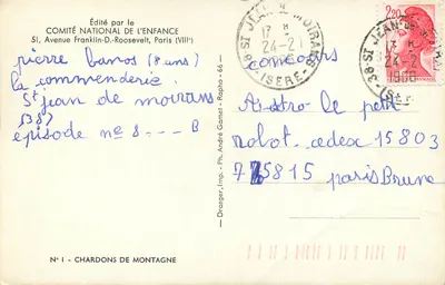 Cardos de montanha — Editado pelo Comité Nacional de l'Enfance, N°1 — Verso