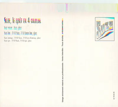 Suze, filha de Gentiane — propaganda para licor — editor Suze, n° de série 45 78 65 28 — Verso