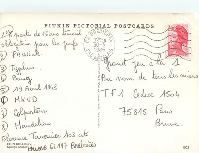 Kaplica Éton College — widok wewnętrzny — Pitkin Pictorial Postcards — Rewers