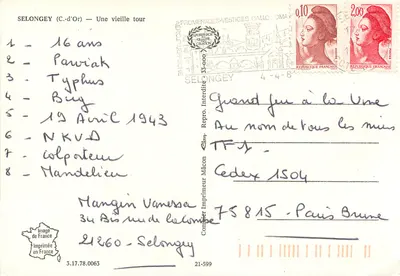 Selongey (C.-d'Or) — Una vieja torre — Imprenta Mâcon — Reverso