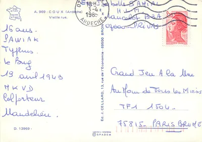 Velha rua em Coux (Ardèche) — editor J. Cellard, n° D.13969 — Verso