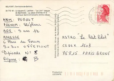 Belfort — Plac E. Lechten, Lwiatło Bartholdiego, Bazylika Świętego Chrystofora — Wydawca Estel — Rewers