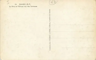 La Nive e l'Ursuya vistas das Terrasses — Cambo (B.P.) — Edição Jean Barbé, Cambo-les-Bains — Verso