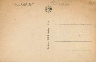 Bilhete postal antigo Gabas (B-P) Fábrica de Artouste — Verso