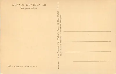 Monako - Monte-Carlo — Widok panoramiczny — Wydawnictwo Yvon, kolekcja « Côte d'Azur », nr 106 — Rewers