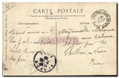 Rouen — vista panorámica y personajes — Edición E. Alleje, 85-87, Rouen — Reverso