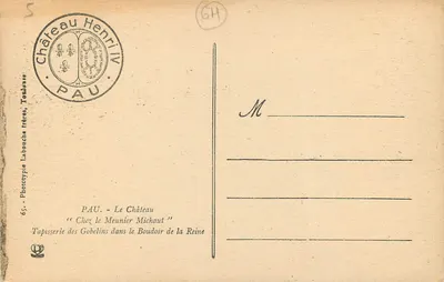No moinho de Michaut — Tapeçaria dos Gobelins no Quarto da Rainha — Castelo Henri IV, Pau — Verso