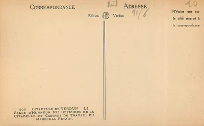 Sala de honra dos oficiais da cidadela de Verdun — Gabinete do mariscal Pétain — Edição Verdun — Verso