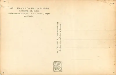 Pavillon de la Suisse — Exposition Internationale Paris 1937 — éditeur H. CHIPAULT, Boulogne-sur-Seine — Rewers