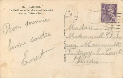 Lourdes — Bazylika i monument sojuszników widziane z Fortu — Wydawnictwo P. DOUCET, Lourdes, nr 41 — Rewers
