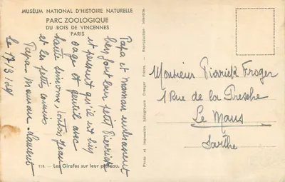 Żyraki i struś — ZOO w Bois de Vincennes — Muzeum Narodowe Nauk Przyrodniczych, Paryż — Rewers