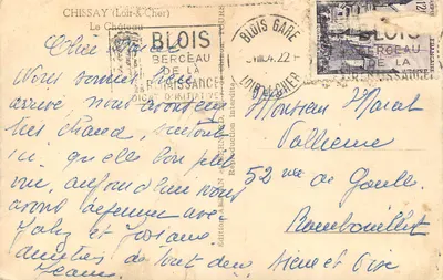 Zamek Chissay (Loir-et-Cher) — widok zamku i jego parku — Wydawnictwo Bercéau — Rewers