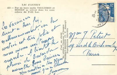 Lago de Annecy — Talloires y Duingt — editor Rossat-Mignod, n°423 — Reverso