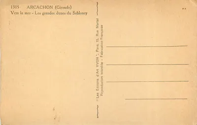 Arcachon (Gironde) — W stronę morza — Wielkie piaszczyste wydmy Sabloney — Wydawnictwo Yvon, Paryż — Rewers