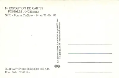 Wystawa starych kartek pocztowych — Forum Cinéfoto, Nice — 1981 — Rewers