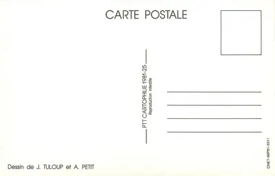 Homem jogando cartas por uma porta aberta — PTT CARTOPHILIE — Desenho de J. Tuloup e A. Petit — Verso