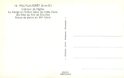 Milly-la-Forêt (S.-et-O.) — Interior da igreja — Estátua da Virgem e do Menino — Edição de Arte Rameau, Etampes — Verso