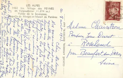Alpy — Wieś Peynes w Valgaudemar (1.374 m) — Dolina Severaïsse, Aiguille de Morges i Massif de Parières — Cliché Andréis, wydawca — Rewers