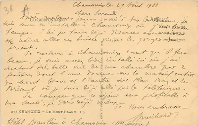 Mont-Blanc — Widok Aiguilles du Midi — Lévy et Néder-Béus, Paryż, druk n°38 — Rewers