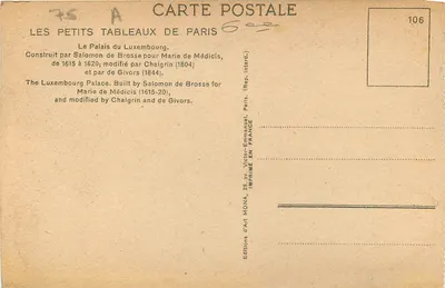 Palácio do Luxemburgo — Paris — Éditions d'Art Mona, n°106 — Verso