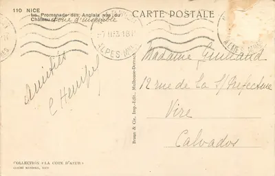 Nice — Promenade des Anglais widziana z Zamku i ogólny widok — Braun & Cie, Wydawca, Mulhouse-Dornach — Rewers