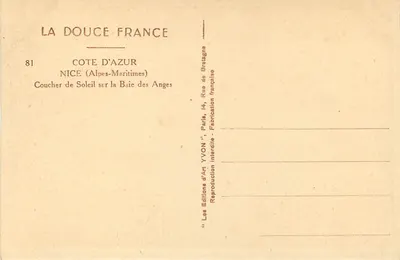 Zachód słońca nad Zatoką Aniołów — NICE (Alpes-Maritimes) — YVON, n°81 — Rewers