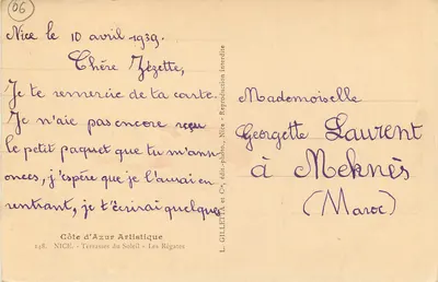 Vue de la Côte d'Azur — Nice, Terrasses du Soleil — L. Gilletta & Cie, édit. — Rewers