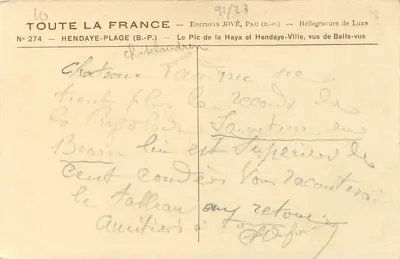 Il Pic de la Haya e Hendaye-Ville, vus de Belle-vue — Éditions JOVÉ, Pau (B.P.) — N° 274 — Verso