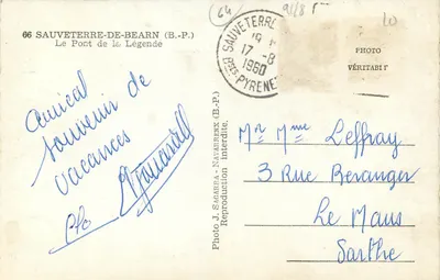 Sauveterre-de-Béarn — O Ponte da Lenda — Foto J. Sagarran — Verso