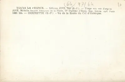 Vista do Col d'Aubisque — Éditions JOVÉ, Pau — n° 1461 bis — Verso