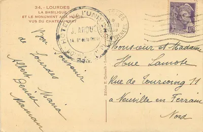Lourdes — La Basilique et le Monument aux Morts vus du Château-Fort — Édition E. Quinault — Verso