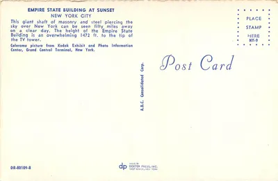 Empire State Building — ao pôr do sol — Dexter Press, Inc. NY-9 — Verso