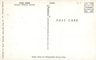 Casa Loma — Toronto, Ontario, Kanada — Wydane przez Royal Colourchrome przez Colourpicture Publishers, Inc. — Rewers