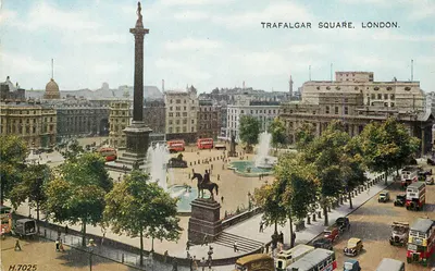 Trafalgar Square, Londres — vista panorâmica com a Coluna de Nelson e os leões de Landseer — Valentine's Postcard, n° H.7025