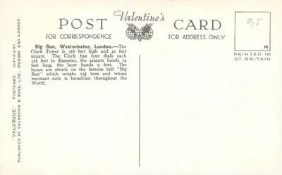 Big Ben, Westminster, Londyn — Valentine's Postcard, seria G.5795 — Rewers